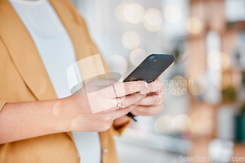 Image of Business, office and hands of woman with phone for typing text message, writing email and browse website. Networking, communication and female with smartphone for social media, chat and mobile app