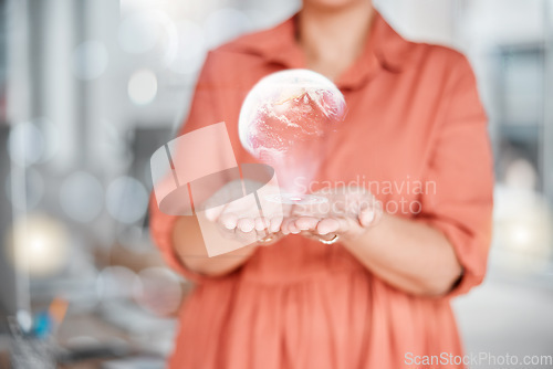 Image of Global, hologram and woman hands for world networking, communication and futuristic company outreach in bokeh. Holographic, future technology and digital person, global in palm and internet business