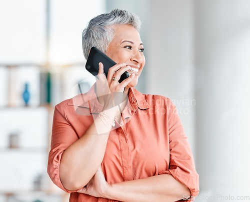 Image of Business, office and senior woman on a phone call for discussion, client networking and client connection. Communication, technology and female ceo speaking, talking and in conversation on smartphone