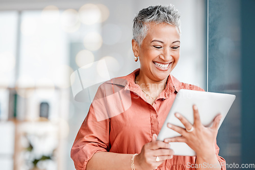 Image of Tablet ux work, senior woman laugh and working business employee reading funny app data. Mature worker, online planning and female with meme and mockup on a internet connection networking on the web