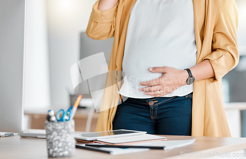 Image of Pregnancy, hand and stomach in office workplace with tablet, phone call and self care for future mom. Pregnant woman, desk or communication in public relations career with hands, abdomen and computer