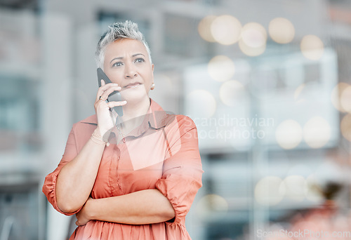 Image of Sad, phone call and senior business woman talking, chatting or speaking in workplace. Bokeh window, cellphone communication and ceo thinking, angry and bad news discussion on smartphone.