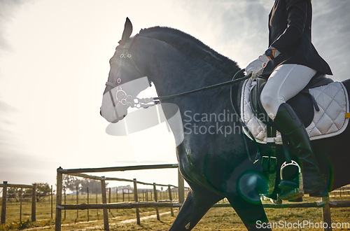 Image of Equestrian, person on horse in countryside, riding and sport with healthy active lifestyle, nature and jockey on farm or ranch. Rider outdoor with animal, sports and fitness with competition