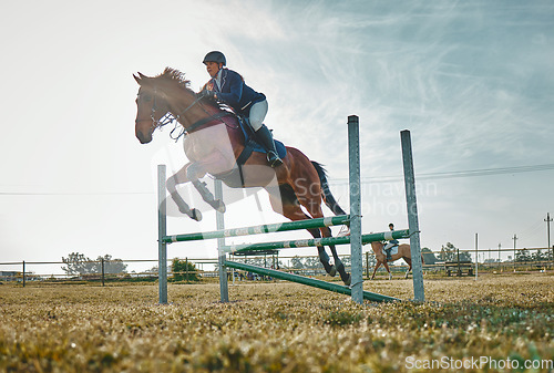 Image of Training, competition and woman on a horse for sports, an event or show on a field in Norway. Jump, action and girl doing a horseback riding course during a jockey race, hobby or sport in nature