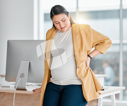 Image of Pregnant woman, office and tired with back pain, burnout and relax by desk for wellness break. Startup, corporate executive and pregnancy with muscle stress, overworked or anxiety for body healthcare