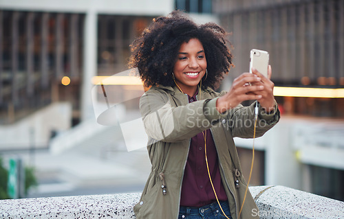 Image of Black woman, city and selfie with smile, smartphone and happiness for social media profile picture. Happy gen z girl, african and phone for blog, post or networking app on rooftop balcony for travel