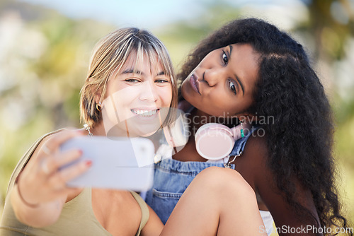 Image of Selfie, smile and friends relax at a park for bonding, chilling and having fun on bokeh background. Happy, women and smile for profile picture, photo or blog by social media influencer in a forest