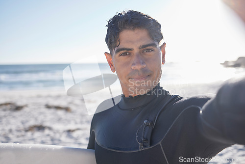 Image of Surfer selfie, beach and man portrait at beach ready for surfing, water sports and exercise. Mockup, sea and summer vacation of a athlete outdoor in the sun with surfboard for fitness in the morning