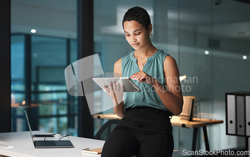 Image of Business, black woman and tablet in office, focus and digital planning for growth, startup and sales. Corporate, African American female employee and manager with device, idea and website launch