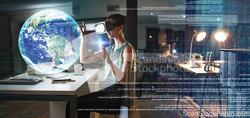 Image of Woman, office and night with vr headset, hologram earth or web design planning for global cybersecurity. Developer, augmented reality glasses or futuristic cloud computing at desk with software globe