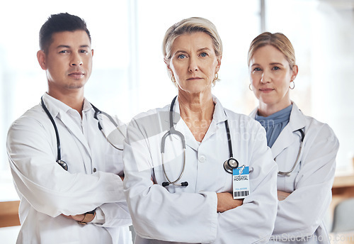 Image of Healthcare, teamwork and portrait of serious doctors in hospital for wellness, medical care and support. Collaboration, clinic and health workers with crossed arms for insurance, trust and medicine