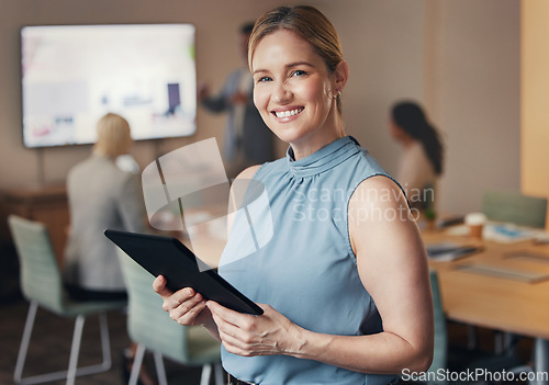Image of Business, portrait of woman CEO with tablet and happy team leader in office with vision and success. Leadership, smile and corporate industry, confident businesswoman in management at digital startup
