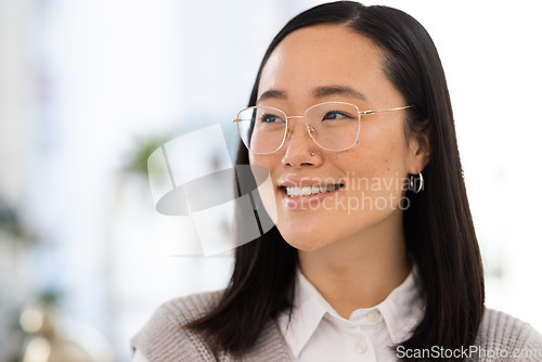 Image of Business woman, face and smile with success and mockup space, vision and professional mindset with career goals. Happy employee, leadership and corporate lawyer at law firm in Japan, Asian and growth