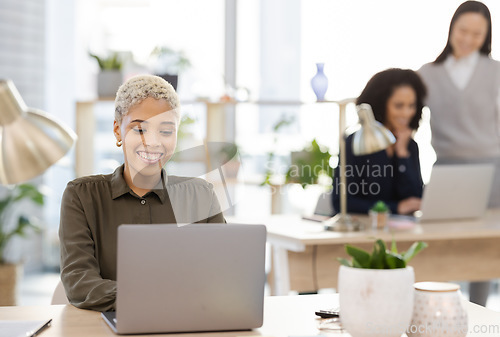 Image of Laptop, planning and black woman in office startup with company workflow and editing online business proposal. Computer, email management and worker, employees or project manager typing at her desk