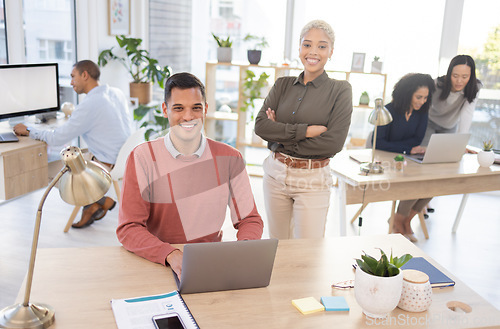 Image of Business, portrait and man with woman, laptop and team in workplace, planning and deadline for project. Face, female employees and male consultants in modern office, online reading and website launch