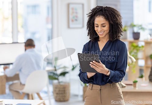 Image of Tablet, planning and black woman with online research, business social media strategy and startup company management. Happy manager, worker or person typing on digital technology in office workflow