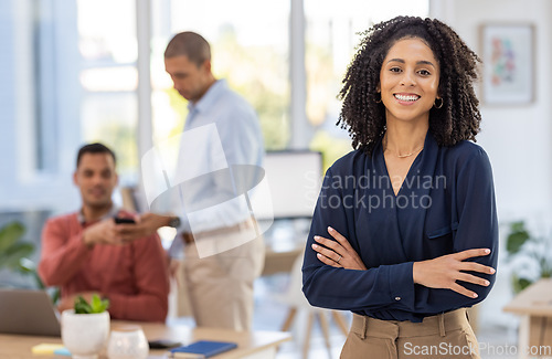 Image of Black woman in business, leadership and success in portrait with career mindset, job goals and target in workplace. Vision, mission and mockup with corporate worker, happy and arms crossed in office