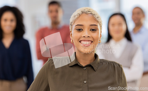 Image of Portrait, business and black woman with team, leadership and smile for success, new project and growth. Face, African American female manager and ceo with staff, happiness and support for planning