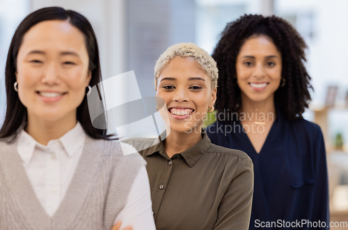 Image of Leadership, portrait and business women in office for collaboration, teamwork and startup vision. Face, diversity and team of ladies empowered, motivation or excited on future, small business or goal