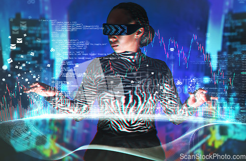 Image of Metaverse, black woman and virtual reality glasses with overlay for digital transformation. Person with vr headset ar hologram for cyber and 3d world for big data and trading future and infographics