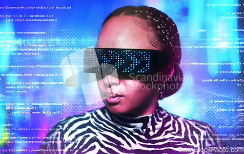 Image of Woman, metaverse and virtual reality glasses with overlay for digital transformation. Person face with vr tech for ar hologram for cyber and 3d world for big data, information technology and coding