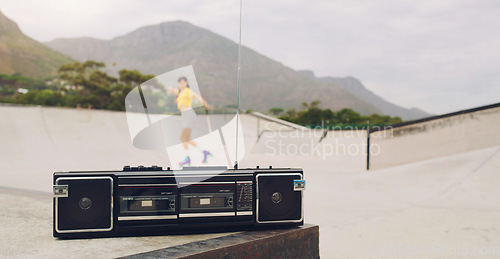 Image of Music, park and woman rollerskating with a stereo for fitness, training and learning in Norway. Freedom, practice and girl skating for exercise with a radio for motivation, fun and skate cardio