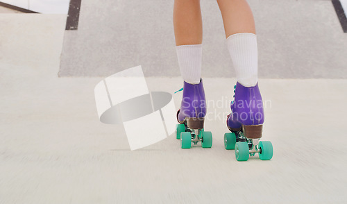 Image of Park, hobby and legs of a woman rollerskating for fitness, training and sport on the ground. Exercise, practice and feet of a girl doing cardio to skate for urban sports, learning and activity