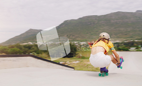 Image of Fitness, roller skates and woman training for competition, exercise and hobby for wellness, healthy lifestyle and tricks. Female athlete, lady and skater in park, practice and workout for techniques