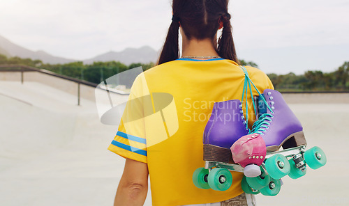 Image of Rollerskate, mockup and back with a woman at a skatepark for fun, recreation or training outdoor. Fitness, skating and hobby with a female skater walking outside on a ramp for sports practice