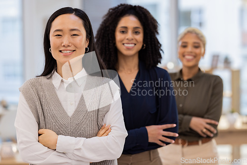 Image of Diversity, business and women only portrait in office leadership, teamwork and solidarity in workplace. Proud black woman, asian and group of employees with vision for company values and career goals