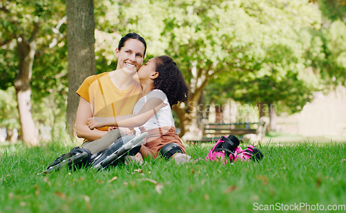 Image of Kiss, portrait and mother and child rollerskating in a park on mothers day for bonding and fun. Love, sports and mom and girl learning to skate on a garden field with kissing affection in Australia