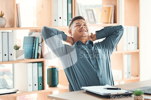 Image of Success, business man and relax in office after finish targets or task complete in company. Thinking, rest and happy male employee on break after hard work, writing email or planning finance strategy