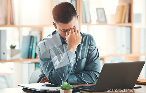 Image of Stress, burnout and business man with laptop at desk working on project, report and strategy deadline. Headache, 404 and frustrated male worker in office with glitch, mistake and error on computer