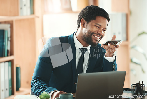 Image of Office, laptop and black man on phone call at desk with smile, crm and b2b communication at advisory startup. Business manager, conversation and networking, happy businessman speaking with smartphone