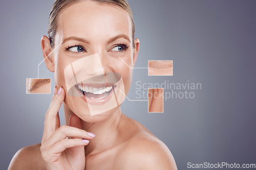 Image of Woman, face and closeup of wrinkles, texture or anti aging facial treatment against a gray studio background. Female with smile for skincare zoom, icons or graphic in detail cosmetics or dermatology