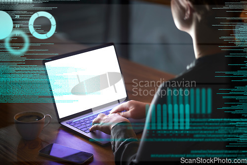Image of Business woman, night and laptop with overlay for information technology and data analytics. Hands of person working or typing online for ai, digital search or database for future innovation in dark