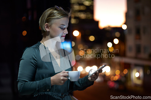 Image of Night, woman and smartphone with connection, typing for social media and online reading. Female with coffee, lady or cellphone for communication, texting or check emails with mobile, dark or chatting