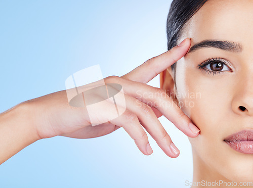 Image of Half face, woman and mockup portrait of beauty for wellness, studio and salon results. Closeup model, split facial and skincare hands of young aesthetic, laser dermatology and botox on mock up space