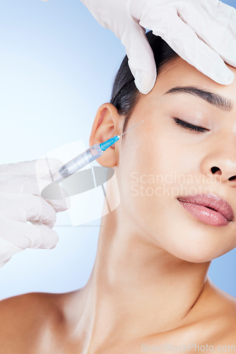 Image of Plastic surgery, woman and doctor with injection for beauty, filler and change in studio. Aesthetic model person and surgeon for cosmetic face transformation or dermatology on a gradient background