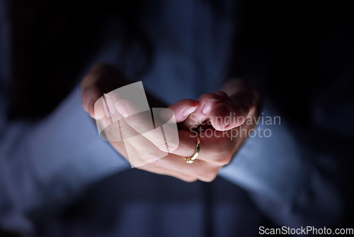 Image of Dark, showing and hands of a business person for product placement, promotion and marketing. Advertising, show and zoom on the palm of a corporate employee for branding and logo late at night