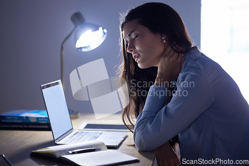 Image of Business woman at desk, neck pain and burnout, stress and corporate fatigue, laptop mockup and glitch. Work night, overtime and deadline problem, 404 and muscle tension, overworked and frustration