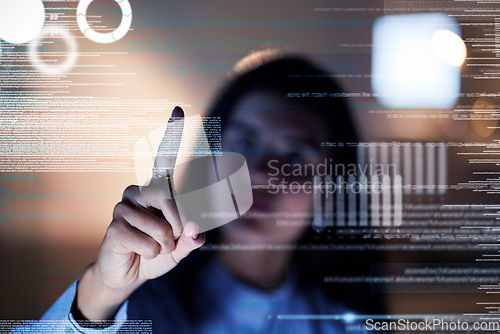 Image of Touch screen, hologram and woman with data analytics, coding software and programming developer at night. Futuristic, holographic or overlay of future technology worker, person with hand interaction