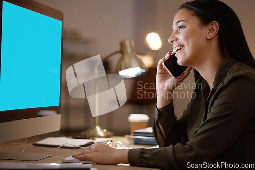 Image of Phone call, business woman or computer green screen mockup in office for communication, networking or speaking. Search, computer or employee on smartphone for stock market, crypto growth or finance