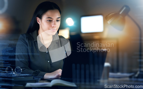 Image of Focus, overlay or woman typing on laptop for futuristic data thinking, investment search or stock market. Serious, research or girl with tech for future finance idea, cryptocurrency or global economy