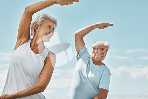 Image of Senior couple, yoga and meditation in zen workout for healthy spiritual wellness in nature. Happy elderly woman and man yogi in fitness meditating together for calm peaceful exercise in the outdoors