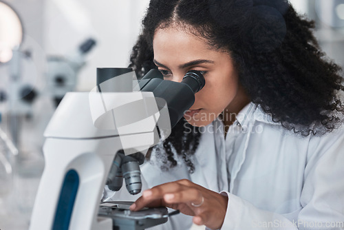 Image of Science, microscope and sample with a doctor black woman at work in a lab for innovation or research. Medical, analysis and slide with a female scientist working in a laboratory on breakthrough