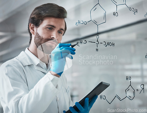 Image of Writing, science and chemistry with man and tablet in laboratory for medicine, pharmacy and healthcare. Research, analytics and planning with expert solving on glass board for idea, study and data