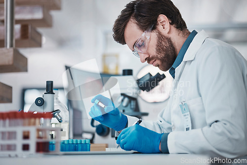 Image of Scientist, writing or notebook for laboratory test tube, blood research or medical dna engineering. Thinking, man or science worker with paper, checklist or pharma analytics results for vaccine study