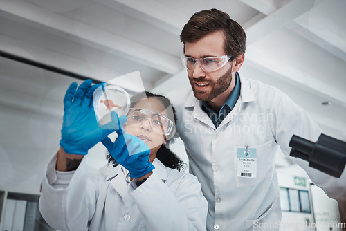 Image of Science, analysis and scientists with a blood sample in a lab for research, dna test and healthcare. Medical, innovation and man and woman looking at a red chemical for analytics and experiment