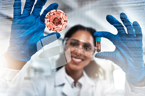 Image of Science, blood test and scientist doing research on dna for medical innovation, vaccine or cure in lab. Scientific, pharmaceutical and woman pathology researcher analyzing rna and virus in laboratory